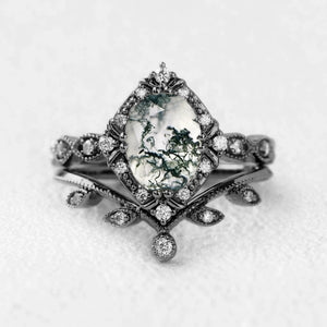 Oval Moss Agate & Moissanite Floral Ring Set 2pcs.