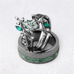 Sylvie’s Bower | Kite Cut Moss Agate Cage Leafy Couple Ring Set 3pcs.