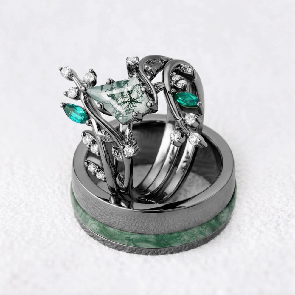Sylvie’s Bower | Kite Cut Moss Agate Cage Leafy Couple Ring Set 3pcs.