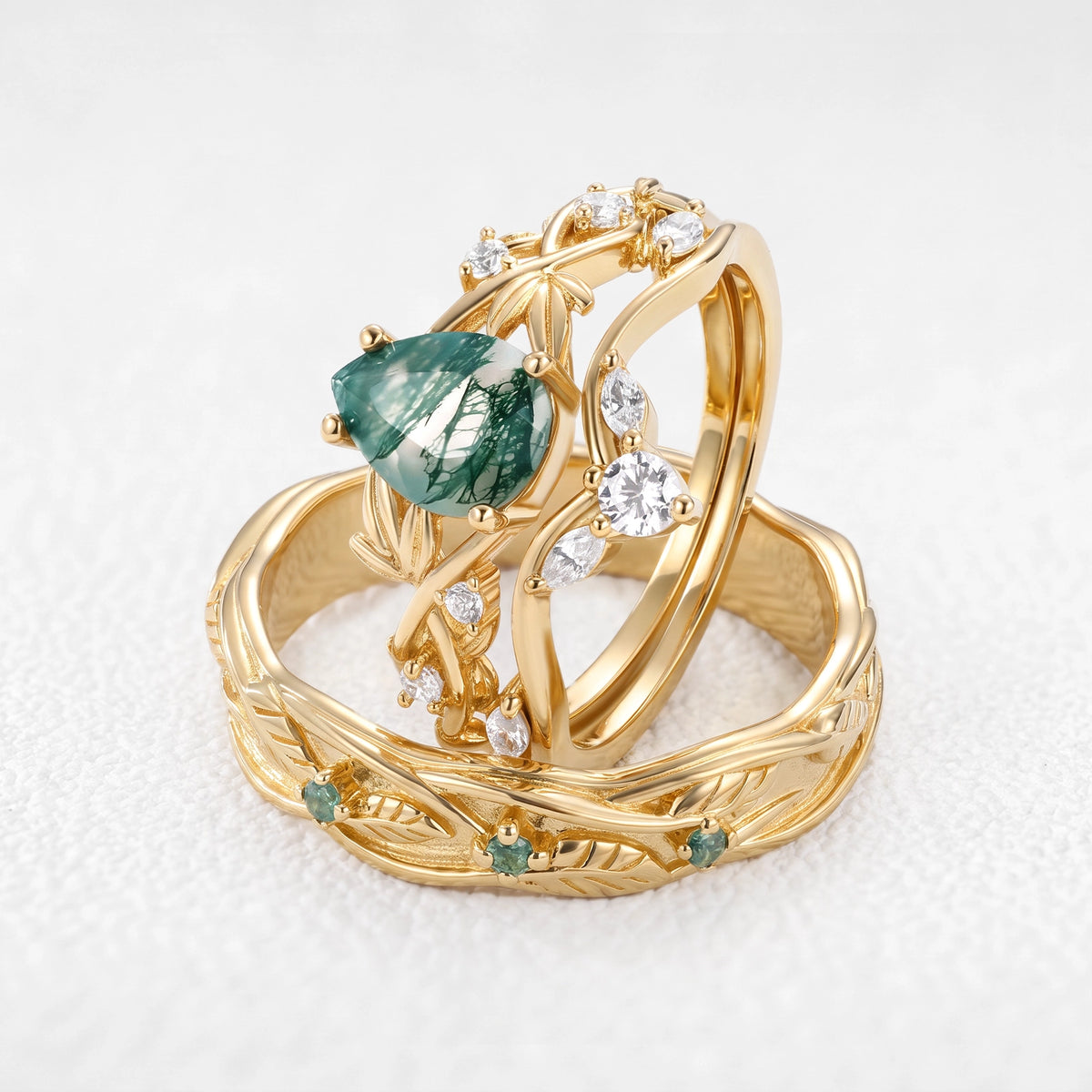 Sylvie’s Laurel | Pear-Cut Moss Agate Foliage Couple Ring Set 3pcs