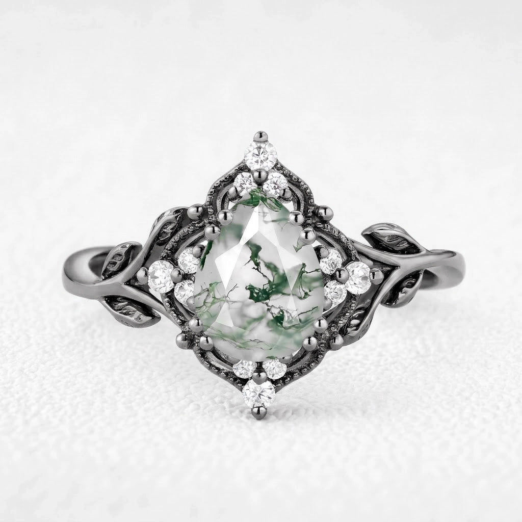 Alexandra’s Verdure | Pear-Cut Moss Agate Foliage Vintage Engagement Ring