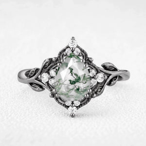Alexandra’s Verdure | Pear-Cut Moss Agate Foliage Vintage Engagement Ring