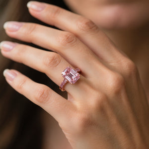 Elara’s Devotion | 3CT Emerald Cut Pink Sapphire Solitaire Engagement Ring