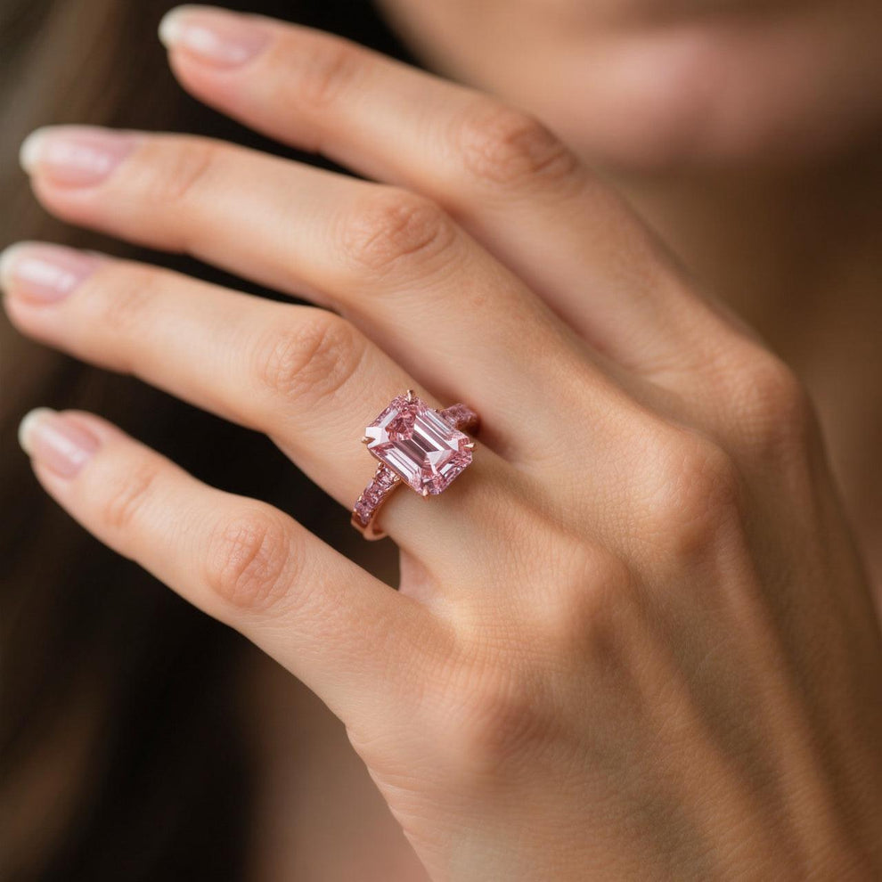 Elara’s Devotion | 3CT Emerald Cut Pink Sapphire Solitaire Engagement Ring.