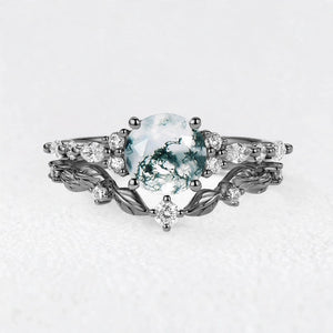 Isadora’s Verdant | Round Moss Agate Vine Engagement Bridal Set 2pcs