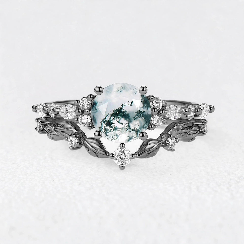Isadora’s Verdant | Round Moss Agate Vine Engagement Bridal Set 2pcs