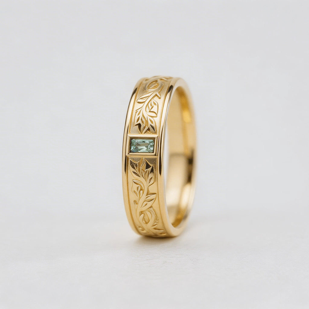 Mistletoe Forge | Bezel Baguette Green Sapphire Men's Wedding Band.