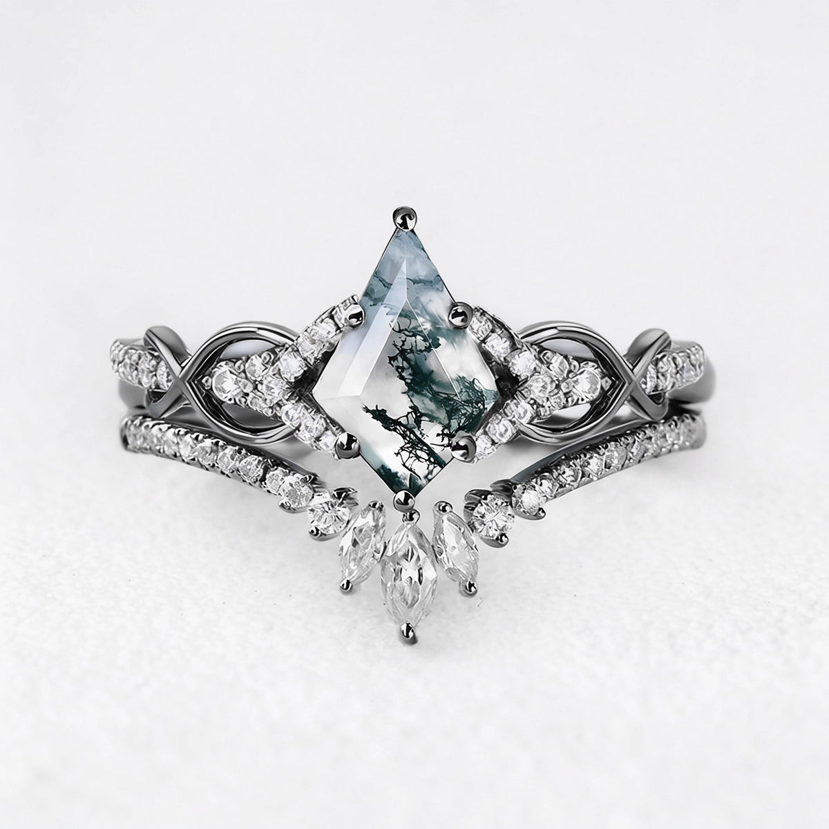 Vivienne’s Greensward | Kite Cut Moss Agate Chevron Bridal Duo