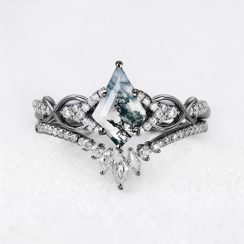 Vivienne’s Greensward | Kite Cut Moss Agate Chevron Bridal Duo
