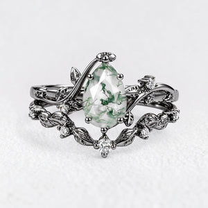 Hazel‘s Tangle | Pear Cut Moss Agate Vine Bridal Duo