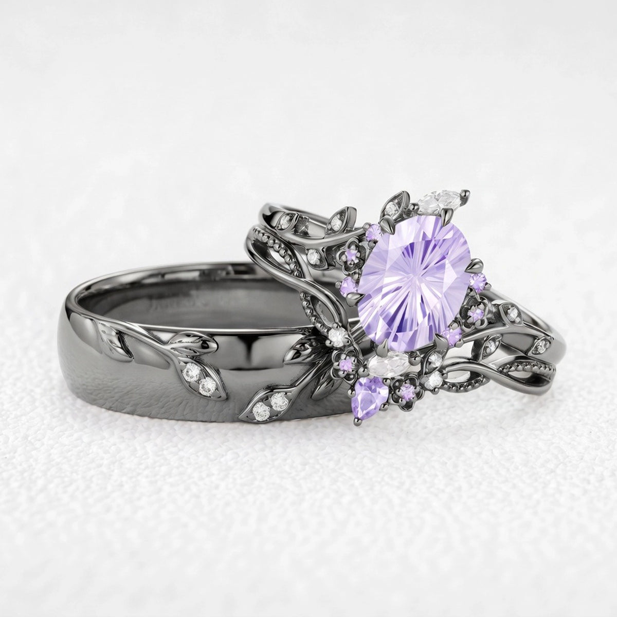Celine‘s Aquarelle | Firework Cut Lavender Sapphire Chevron & Moissanite Leaf Couple Trio