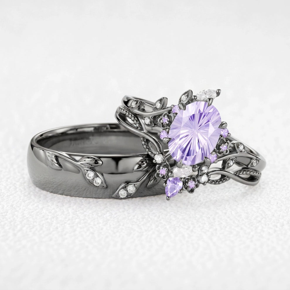 Celine‘s Aquarelle | Firework Cut Lavender Sapphire Chevron & Moissanite Leaf Couple Trio