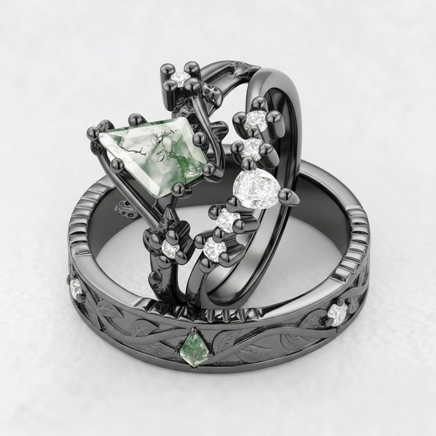 Genevieve’s Solace | Kite Cut Moss Agate Foliage Couple Ring Set 3pcs