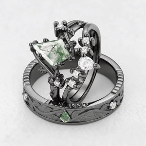 Genevieve’s Solace | Kite Cut Moss Agate Foliage Couple Ring Set 3pcs
