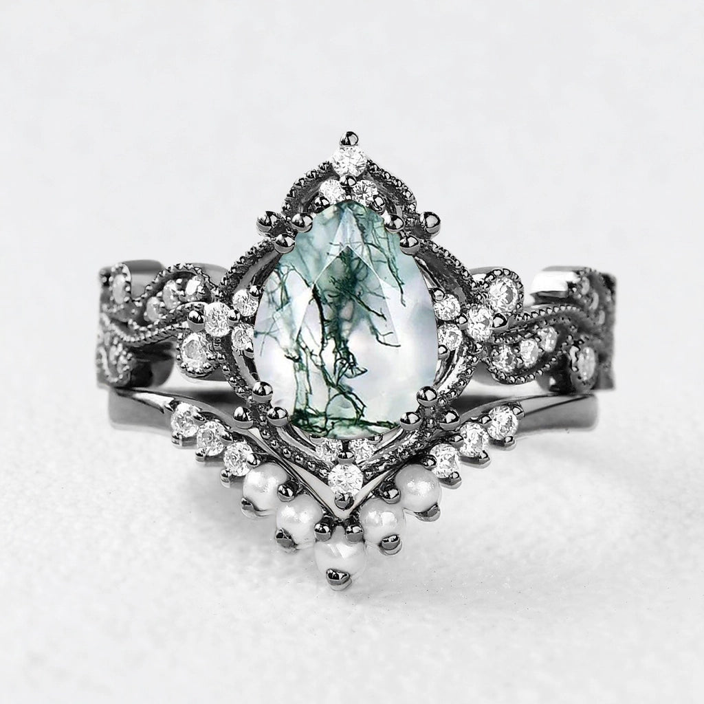 Nyx’s Eclipse | Black Gold Pear Moss Agate & Pearl Engagement Ring Set 2pcs