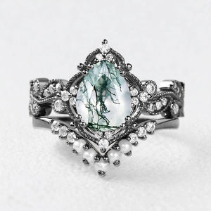 Nyx’s Eclipse | Black Gold Pear Moss Agate & Pearl Engagement Ring Set 2pcs