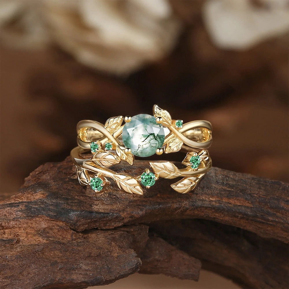 Nature Inspired Round Cut Moss Agate & Emerald Bridal Set.