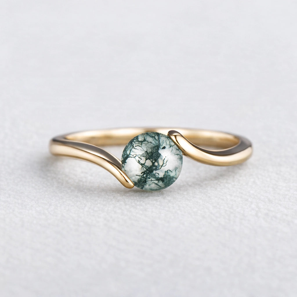 One Stone Duo | Round Moss Agate Couple Ring Set 2pcs.