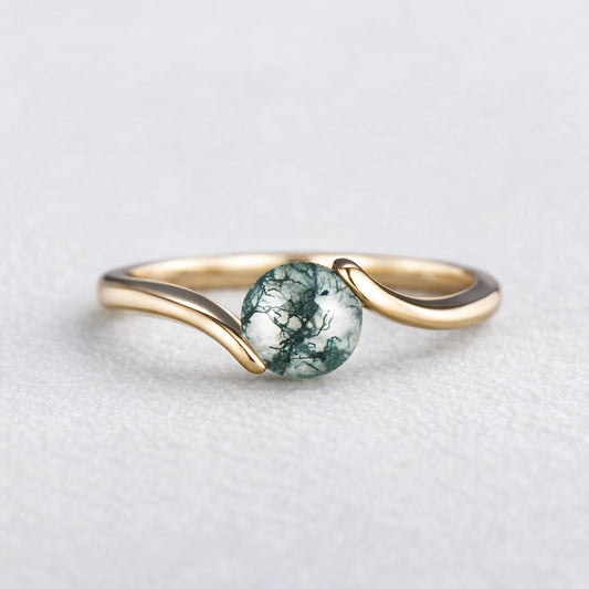 One Stone Duo | Round Moss Agate Couple Ring Set 2pcs.