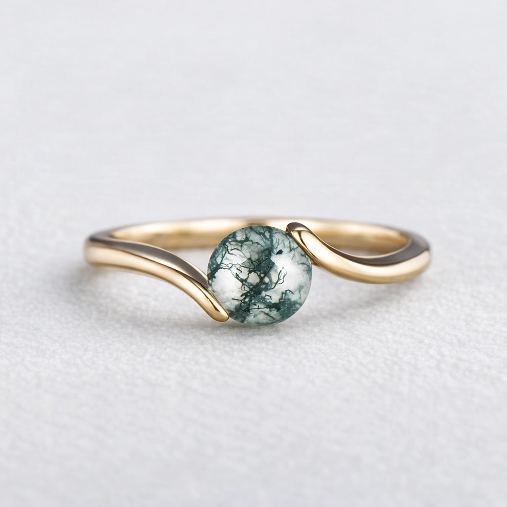 One Stone Duo | Round Moss Agate Couple Ring Set 2pcs.