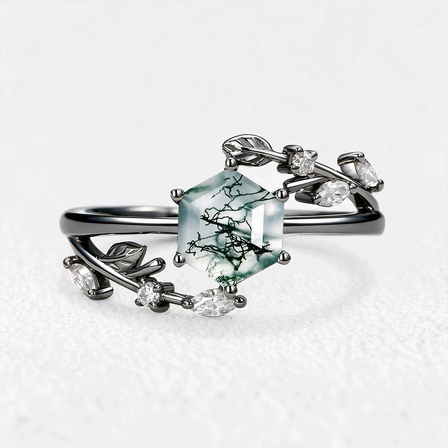 Celestia’s Haven | Hexagon Cut Moss Agate Foliage Engagement Ring