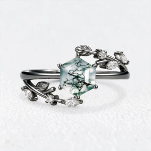 Celestia’s Haven | Hexagon Cut Moss Agate Foliage Engagement Ring