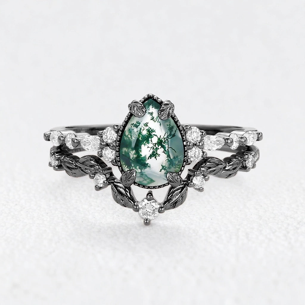 Isadora’s Verdant | Black Gold Pear Moss Agate Leafy Bridal Duo