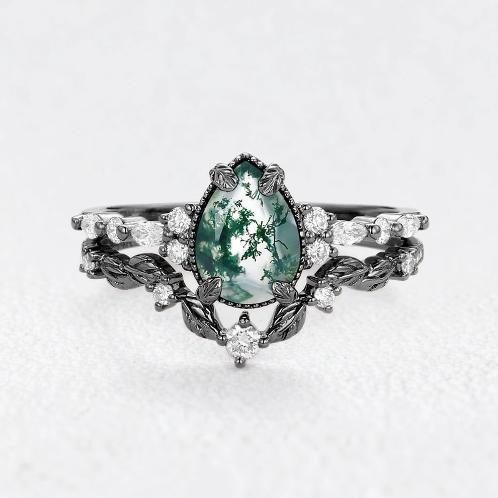 Isadora’s Verdant | Black Gold Pear Moss Agate Leafy Bridal Duo