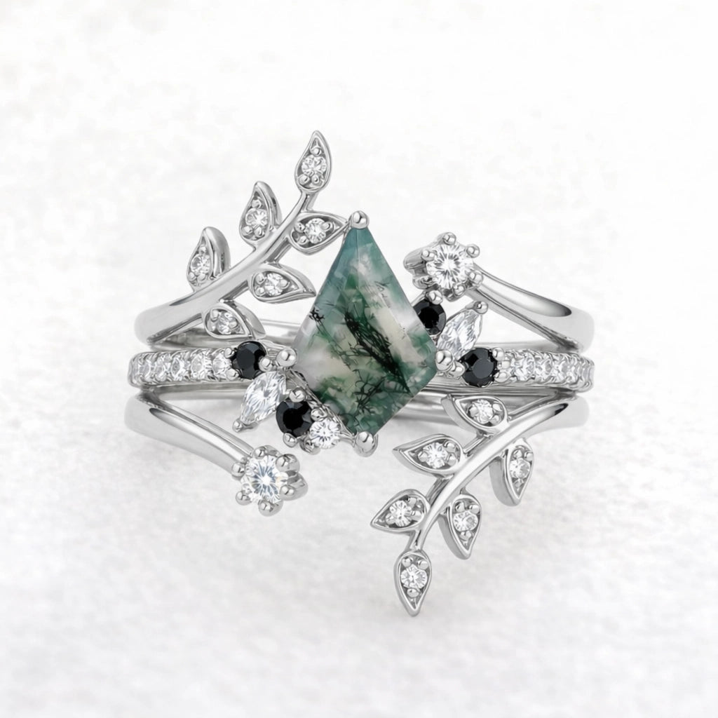 Fourfold Bond | Kite Cut Moss Agate & Black Moissanite Couple Ring Set 4pcs.