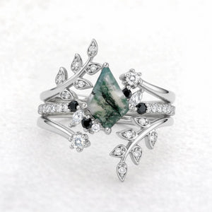 Fourfold Bond | Kite Cut Moss Agate & Black Moissanite Couple Ring Set 4pcs.