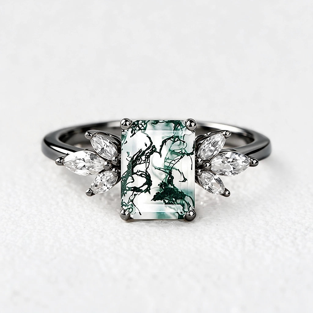 Sylvie’s Lattice | Emerald Cut Moss Agate Cluster Engagement Ring