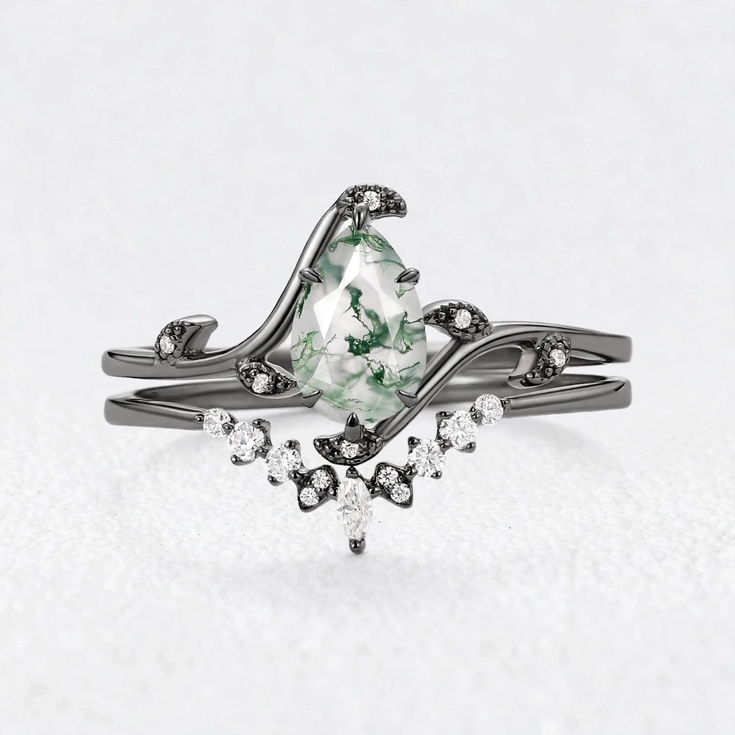 Rosalind’s Vine | Pear Cut Moss Agate Foliage Bridal Duo