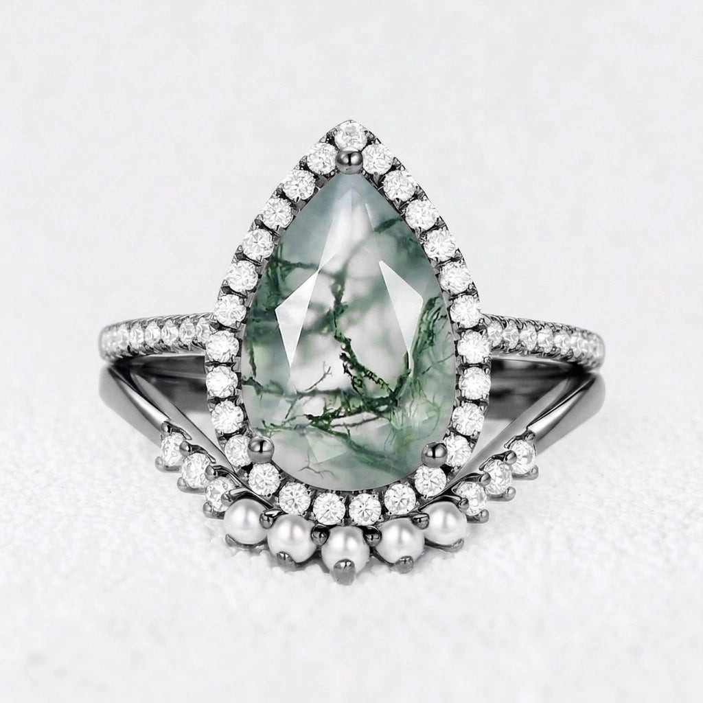 Genevieve’s Luminary | 4CT Pear Moss Agate & Pearl Halo Bridal Duo
