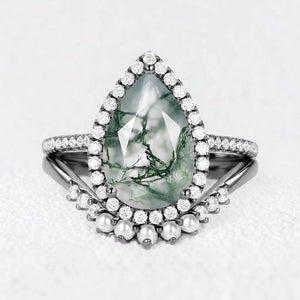 Verena 4.0ct Pear Moss Agate & Pearl Halo Ring Set 2pcs