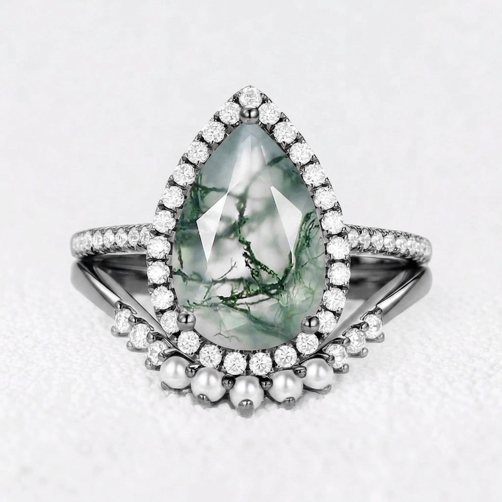 Genevieve’s Luminary | 4CT Pear Moss Agate & Pearl Halo Bridal Duo