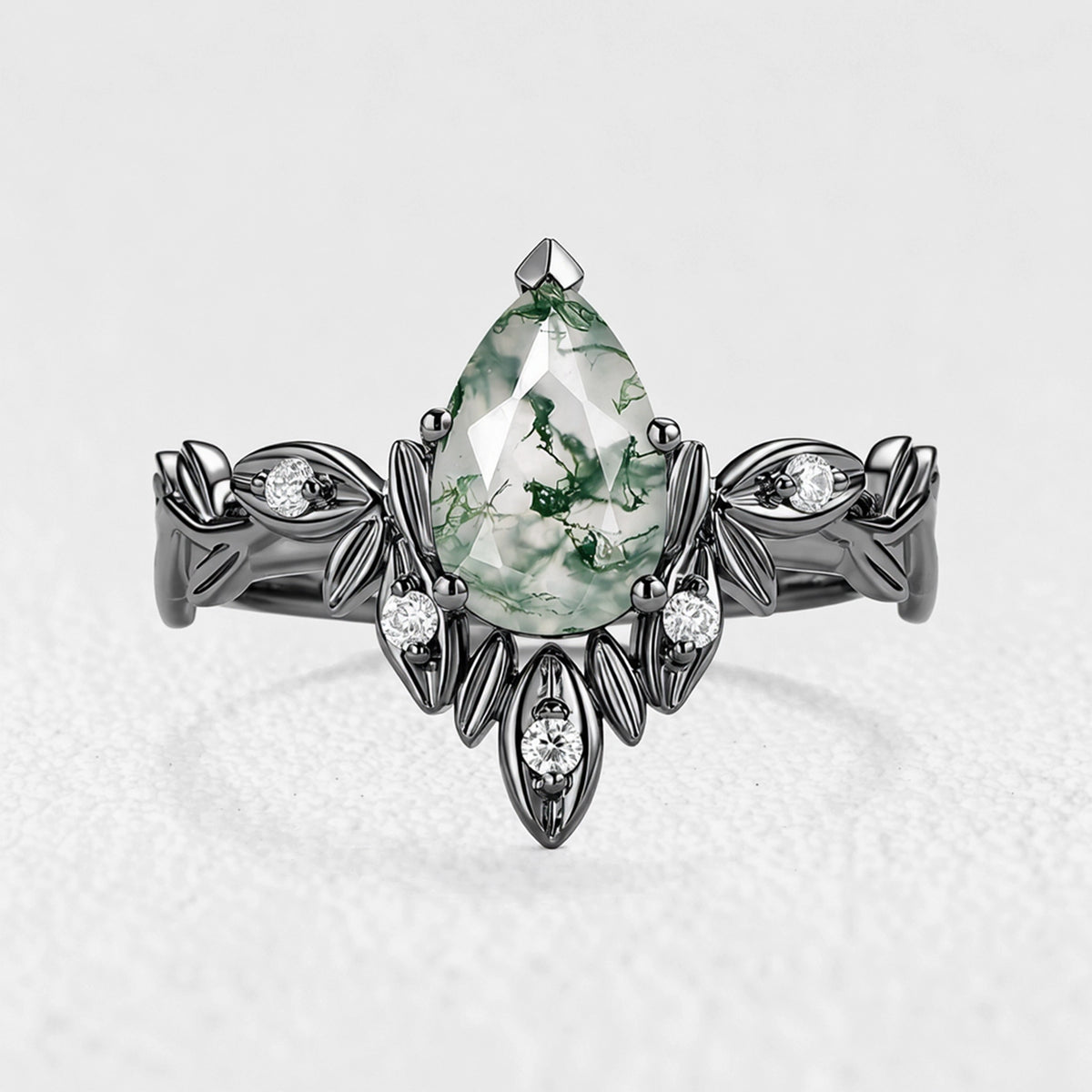 Calista’s Frond | Pear Cut Moss Agate Leafy Engagement Ring