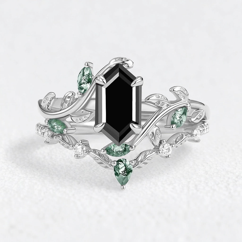 Daphne’s Laurel | Hexagon Cut Moss Agate & Emerald Vine Duo