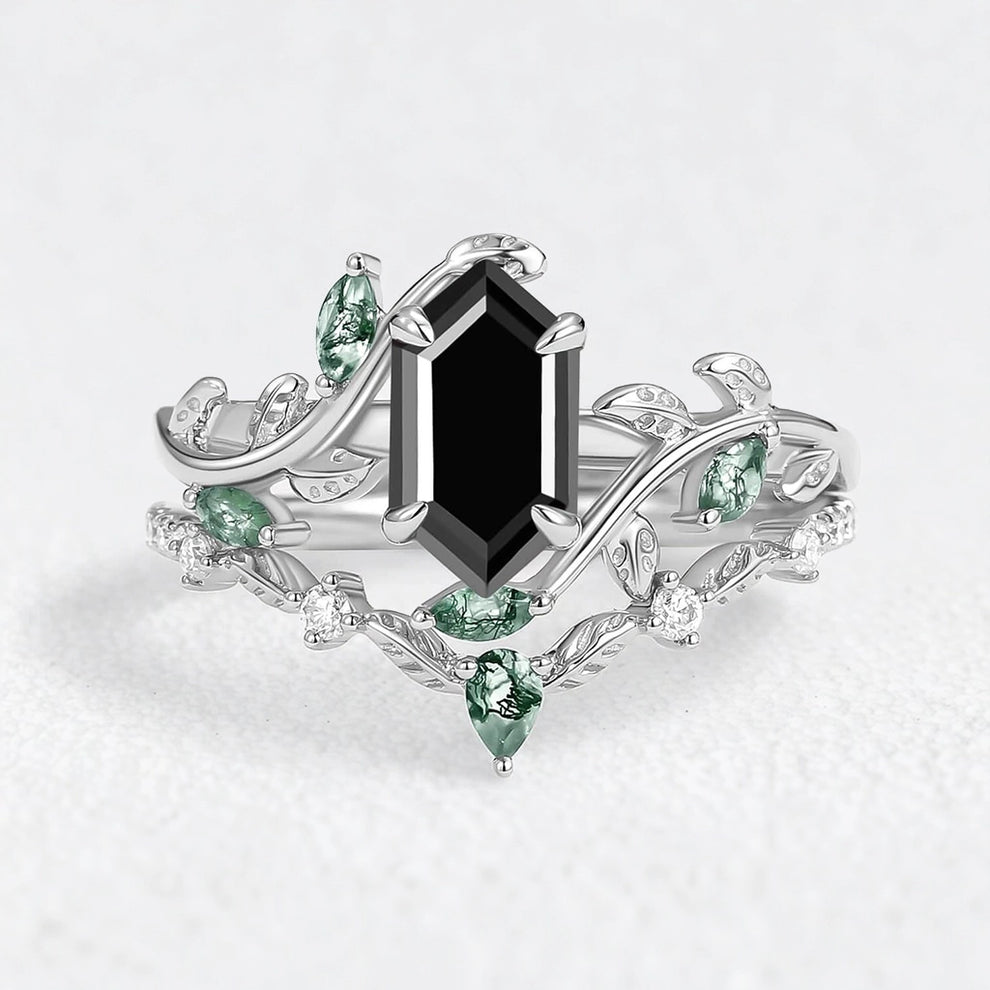 Daphne’s Laurel | Hexagon Cut Moss Agate & Emerald Vine Duo