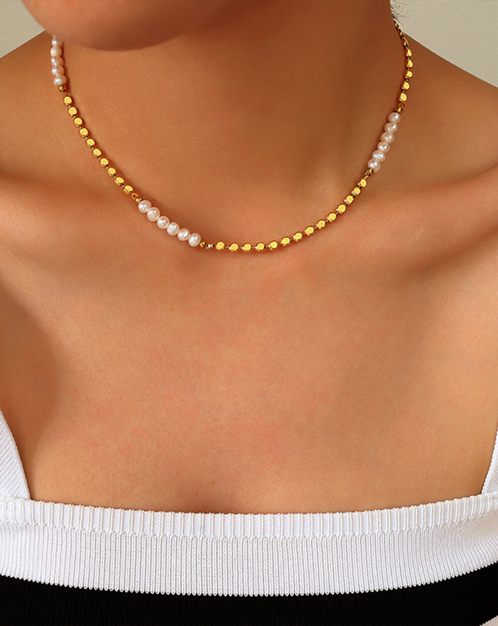 Minimalist Lentil Bead Necklace with Freshwater Pearls