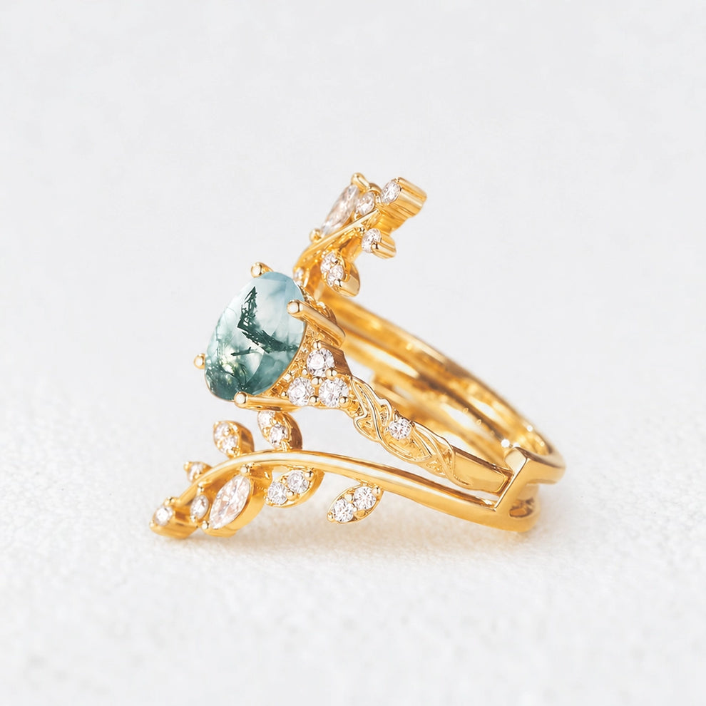Sylvie’s Thicket | Oval Moss Agate Cluster Leafy Engagement Ring Set 2pcs.