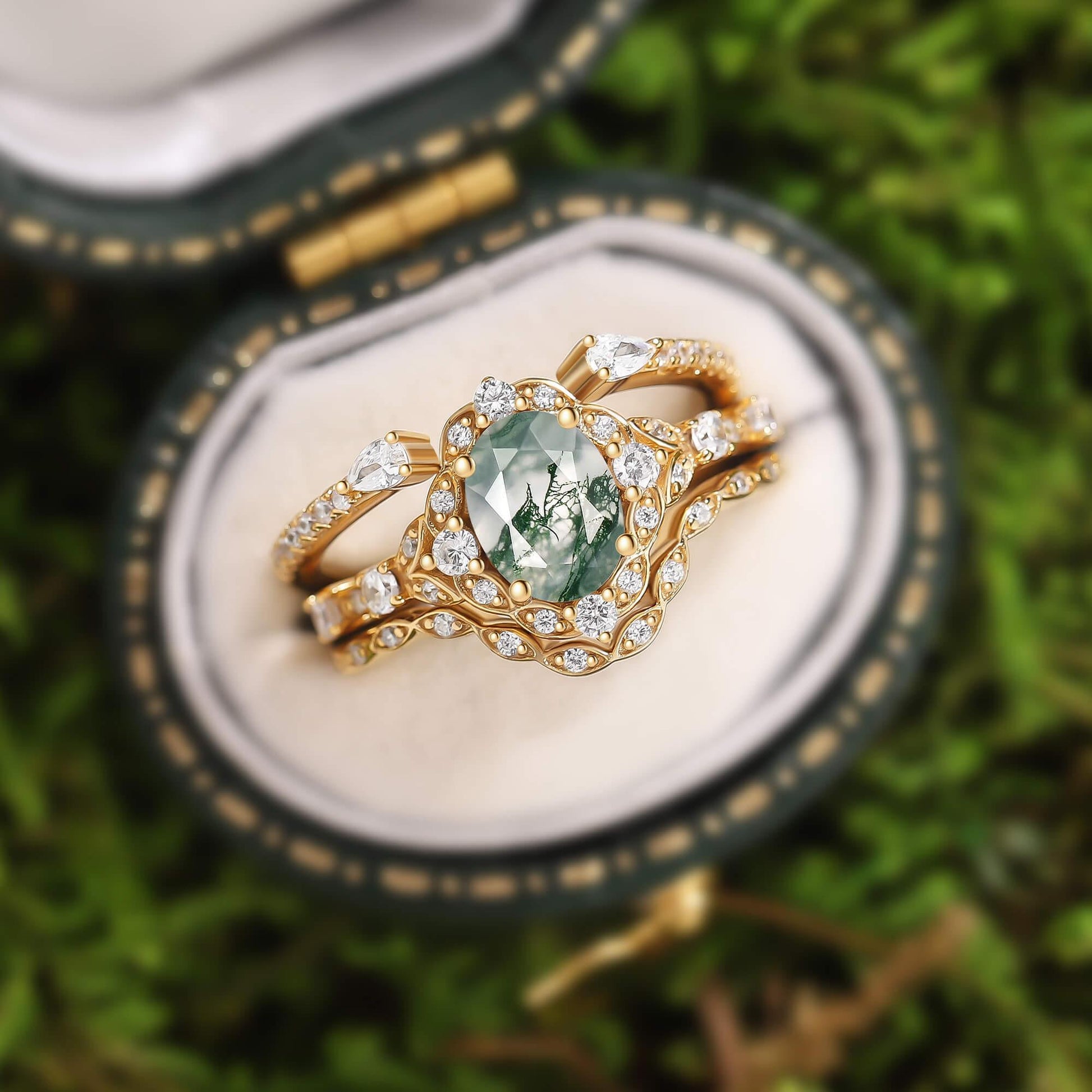 Unique Oval Cut Moss Agate Cluster Engagement Ring Set 3pcs.