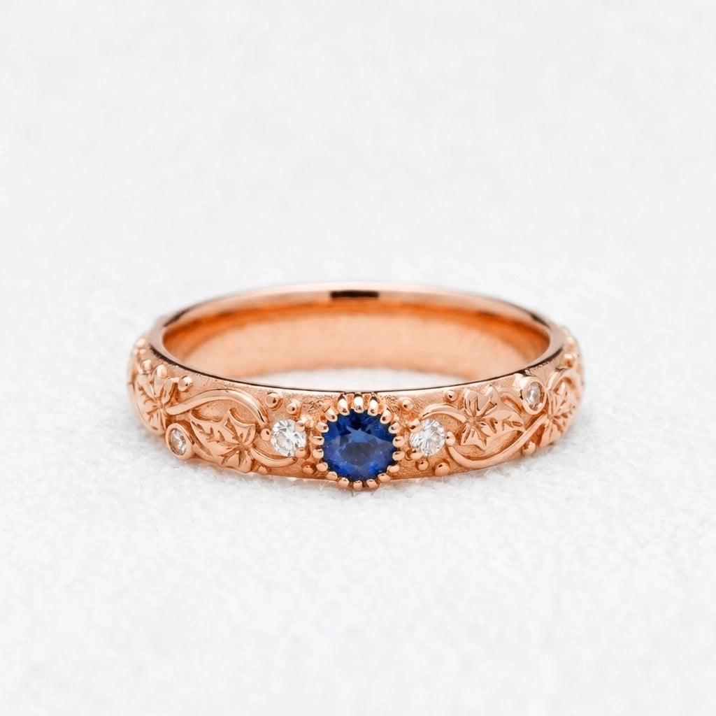 Ivy’s Cove | Blue Sapphire & Diamond Ivy Leaf Wedding Band.