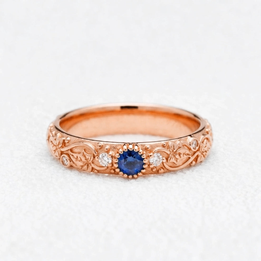 Ivy’s Cove | Blue Sapphire & Diamond Ivy Leaf Wedding Band.