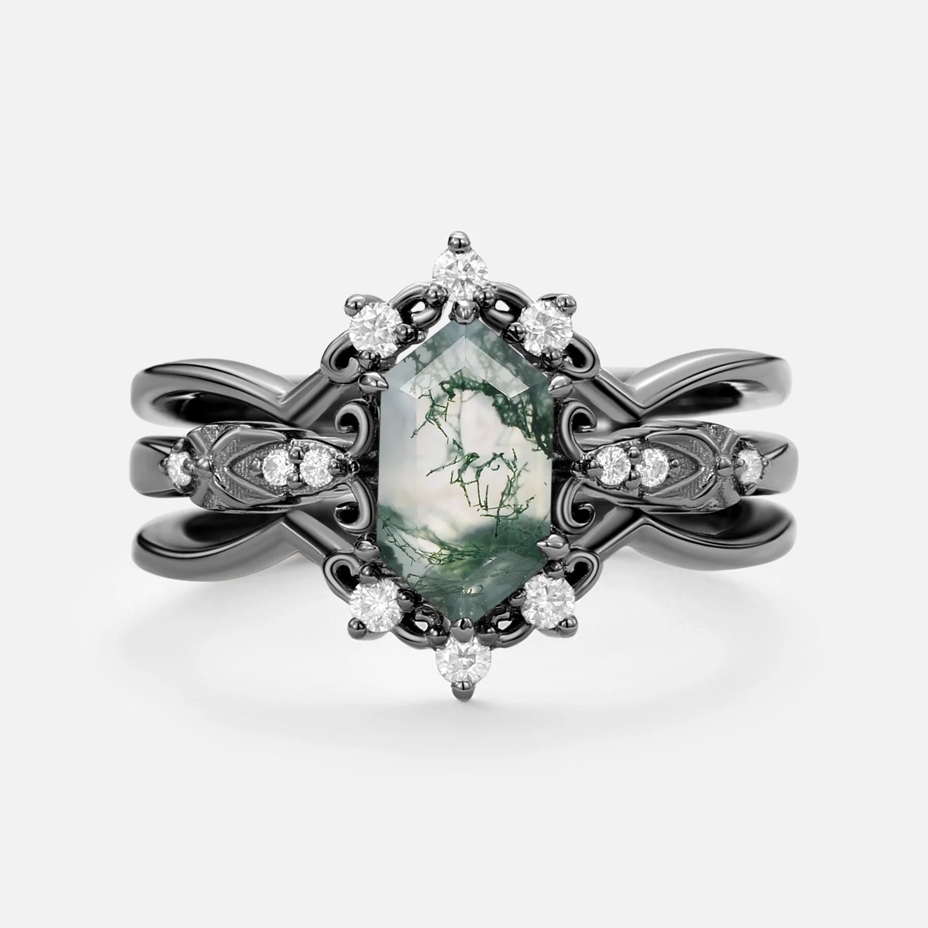Isolde’s Enclave  | Vintage Long Hexagon Moss Agate & Moissanite Couple Ring Set 3pcs.