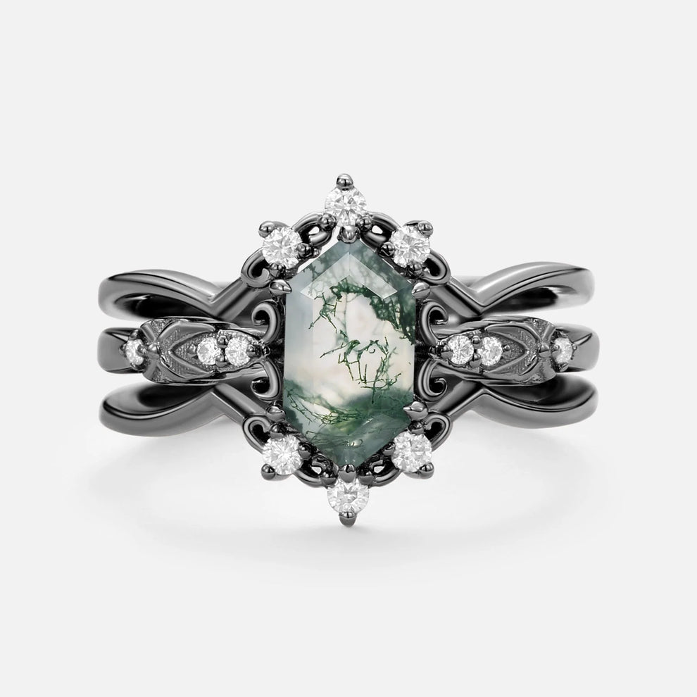 Isolde’s Enclave  | Vintage Long Hexagon Moss Agate & Moissanite Couple Ring Set 3pcs.