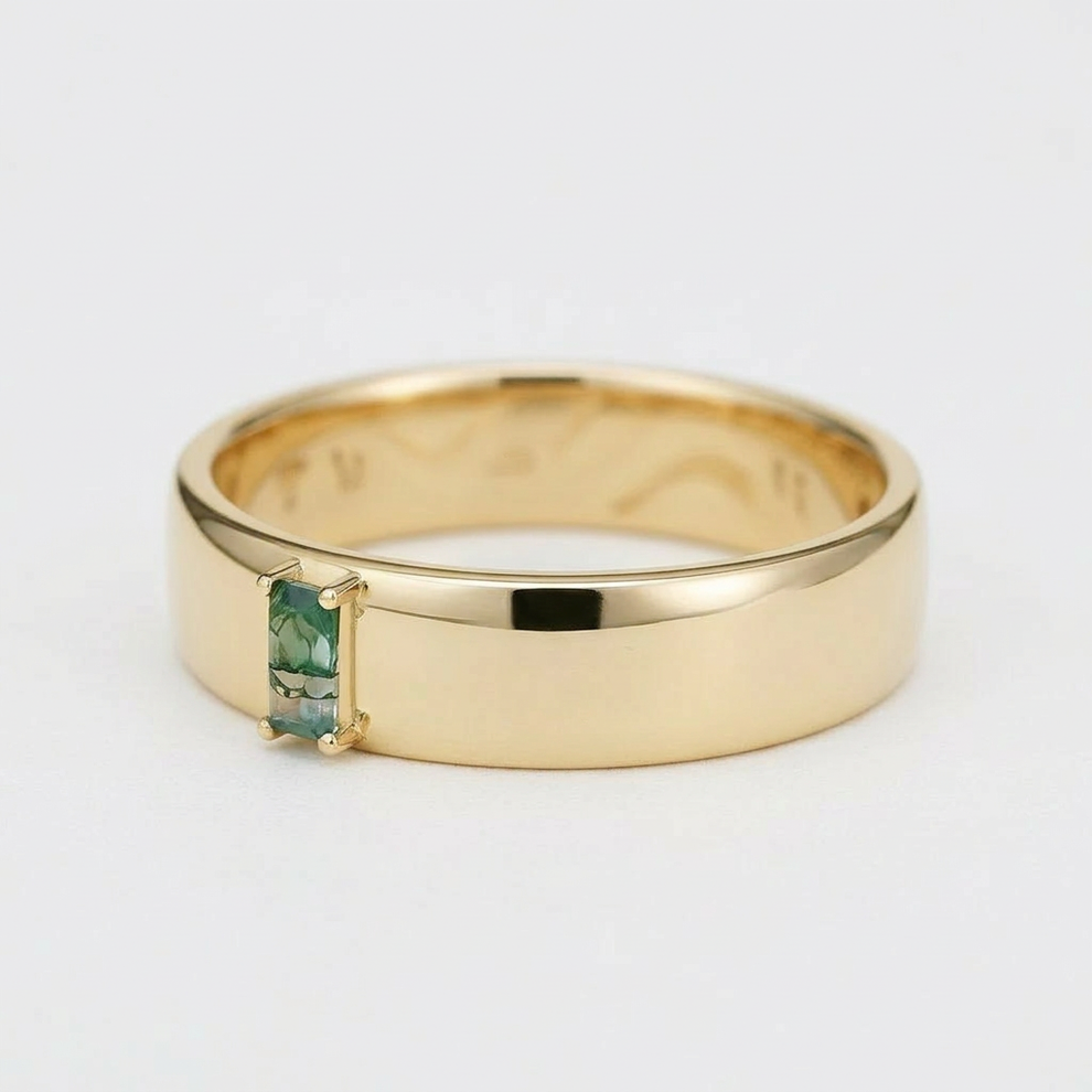 Moss Trace | Inner Engraved Moss Agate Men's Wedding Band.