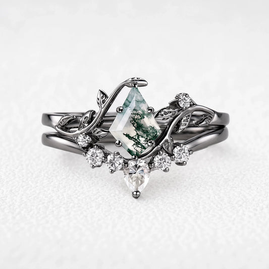 Linnea’s Umbra | Kite Cut Moss Agate Foliage Black Gold Bridal Duo