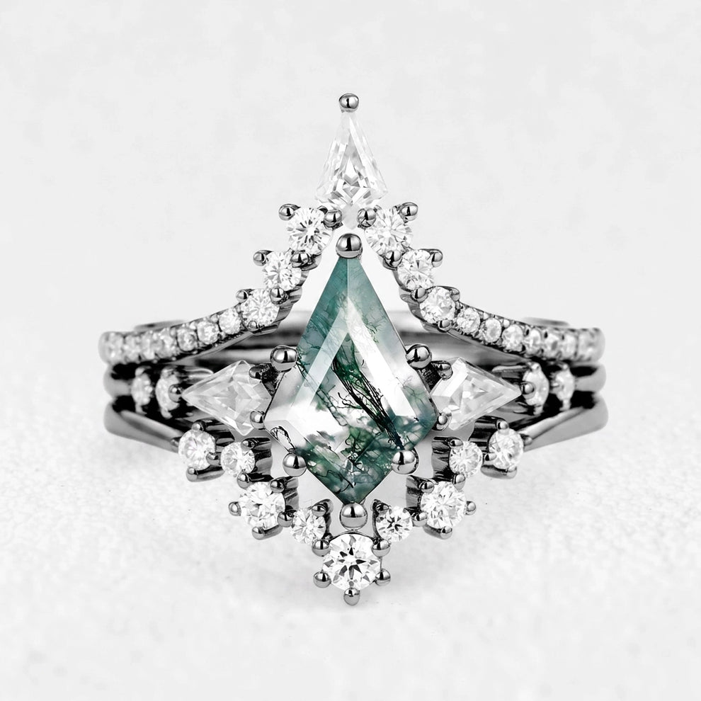 Tyler Twin Flames Kite Cut Moss Agate Engagement Ring Set 3pcs