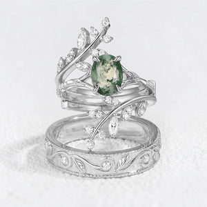 Flora’s Enclosure | Oval Moss Agate Cluster Couple Ring Set 3pcs.