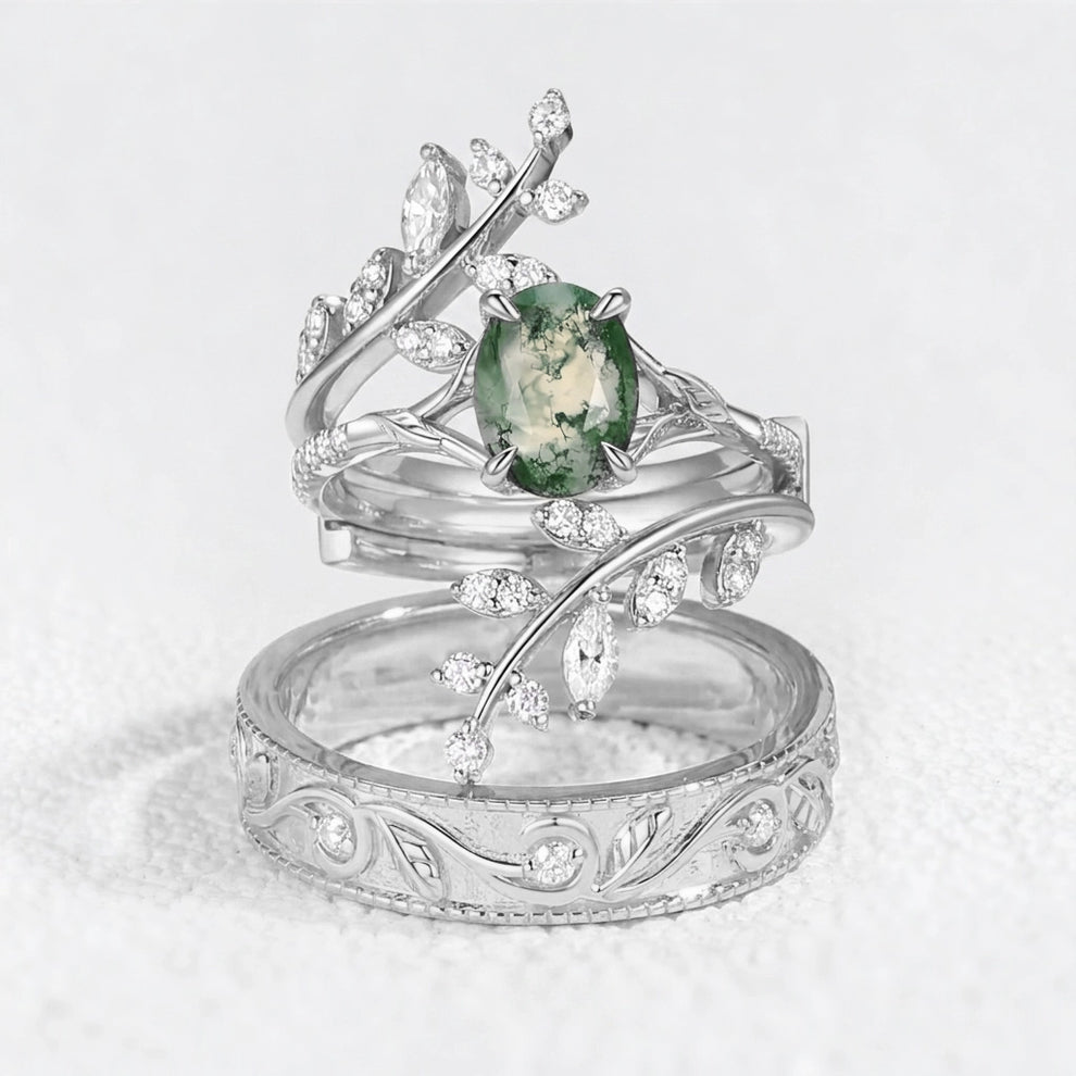 Flora’s Enclosure | Oval Moss Agate Cluster Couple Ring Set 3pcs.